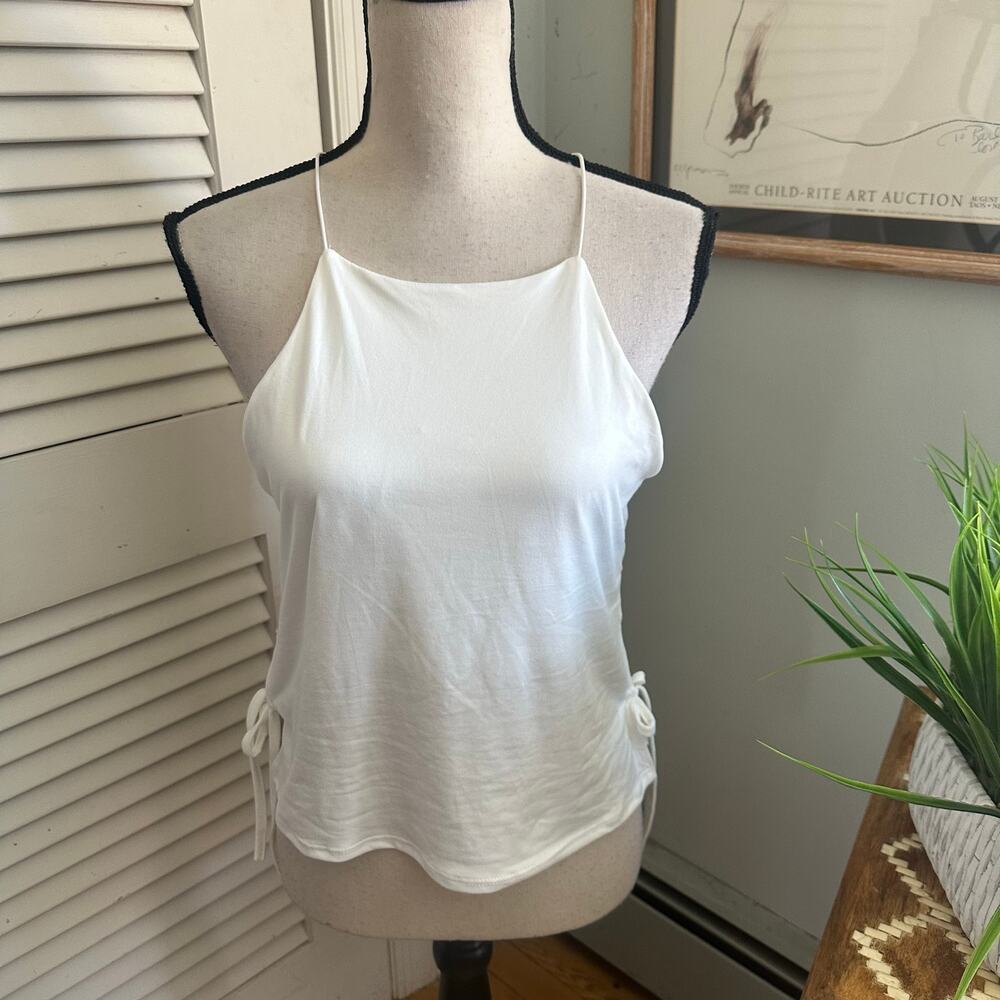 Gaze Top Womens Large White Cropped Dainty Tank Casual Minimalist Tie Sides
